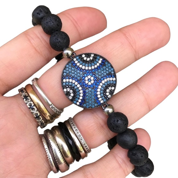 Silverskylight Jewelry - Gemstones bead bracelet .Black Lava rock oil diffuser beads cz eye charm